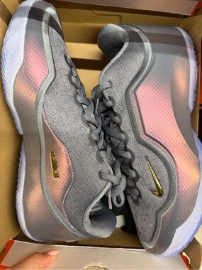 Nike Men’s Gray Iridescent Basketball Shoes with Gold Swoosh